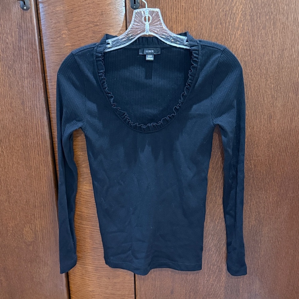 J. Crew Black Ruffle Neck Ribbed Top